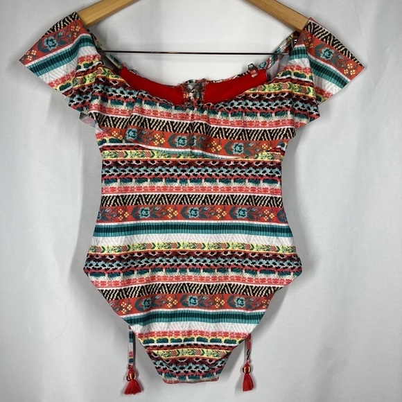 Becca Swimsuit Off Shoulder One Piece Ruffle with Neck Tie Aztec Boho Small - Picture 3 of 11